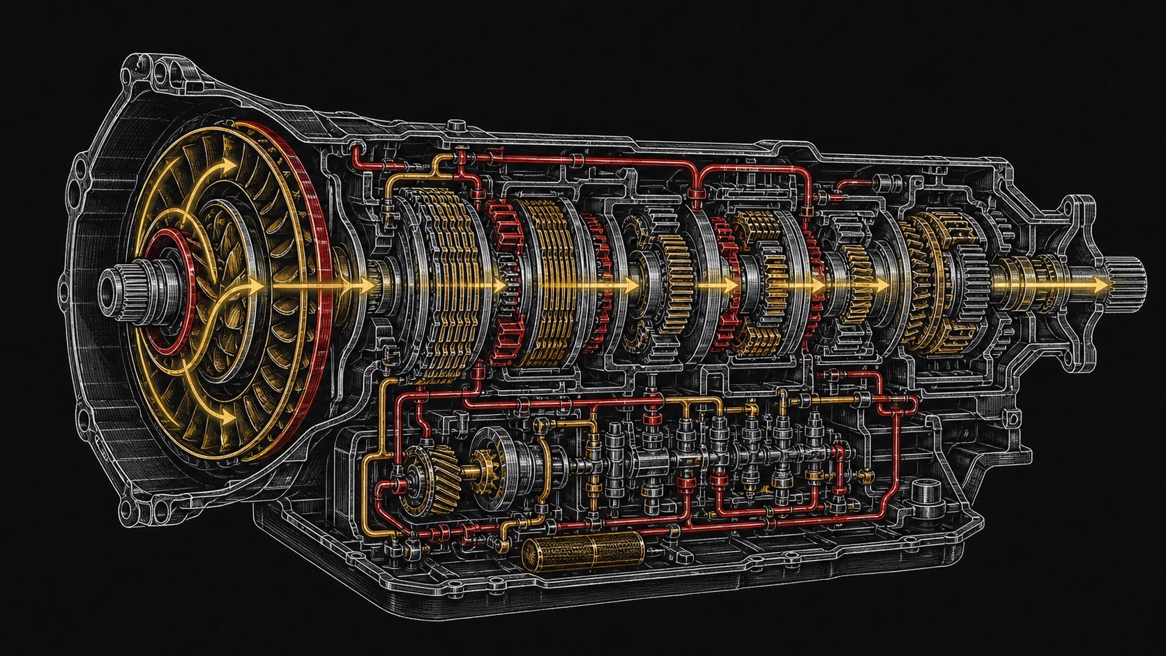 Custom technical illustration showing how automatic transmissions work relates to the vehicle system