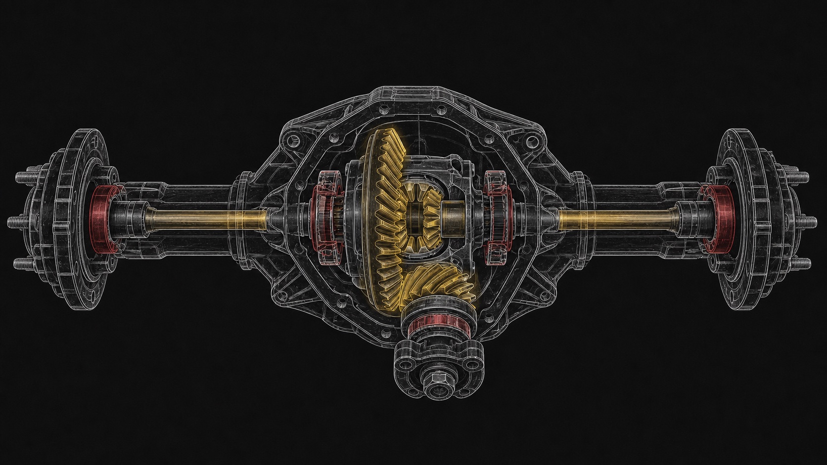 Custom technical illustration showing how differential repair work relates to the vehicle system