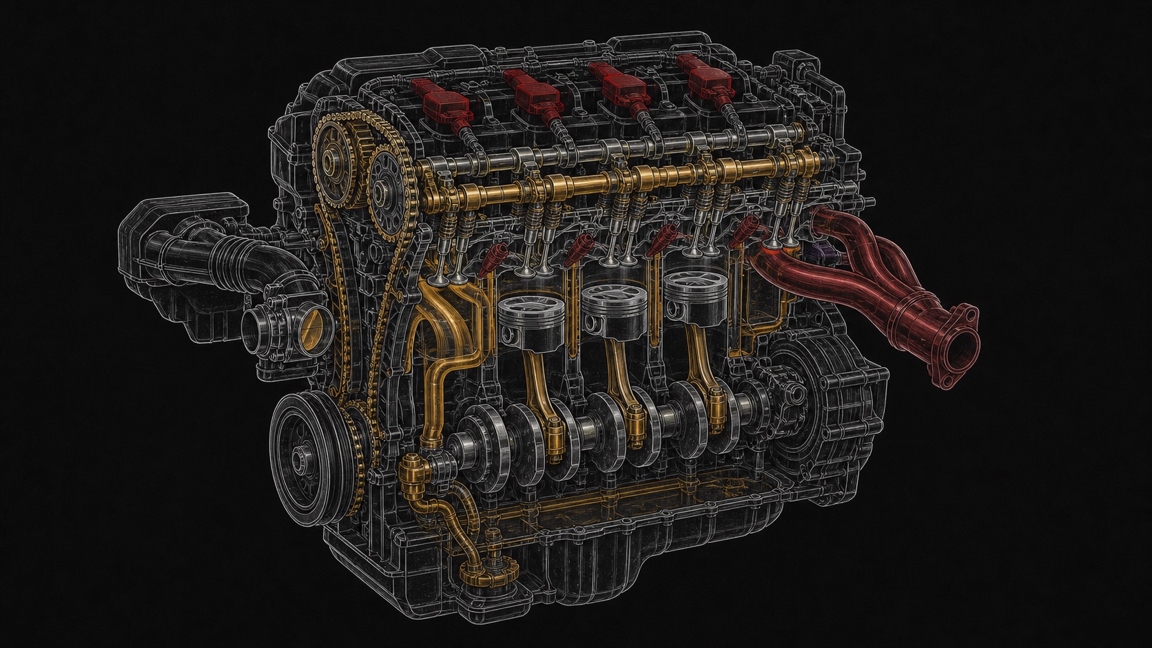 Custom technical illustration showing how engine repair work relates to the vehicle system