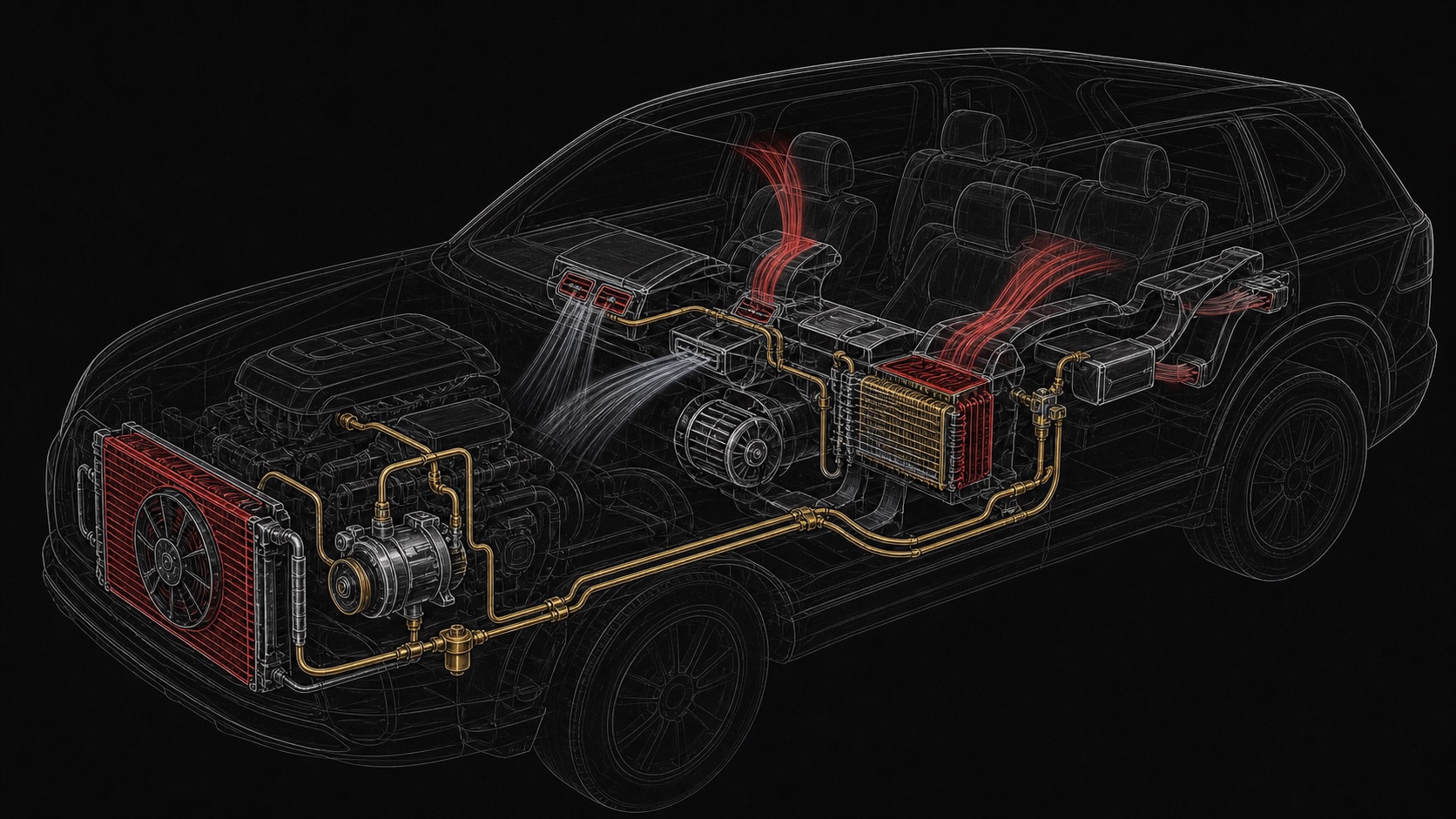 Custom technical illustration showing how heating & air conditioning work relates to the vehicle system