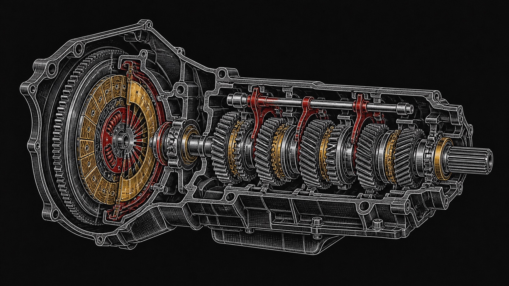 Custom technical illustration showing how manual transmissions work relates to the vehicle system