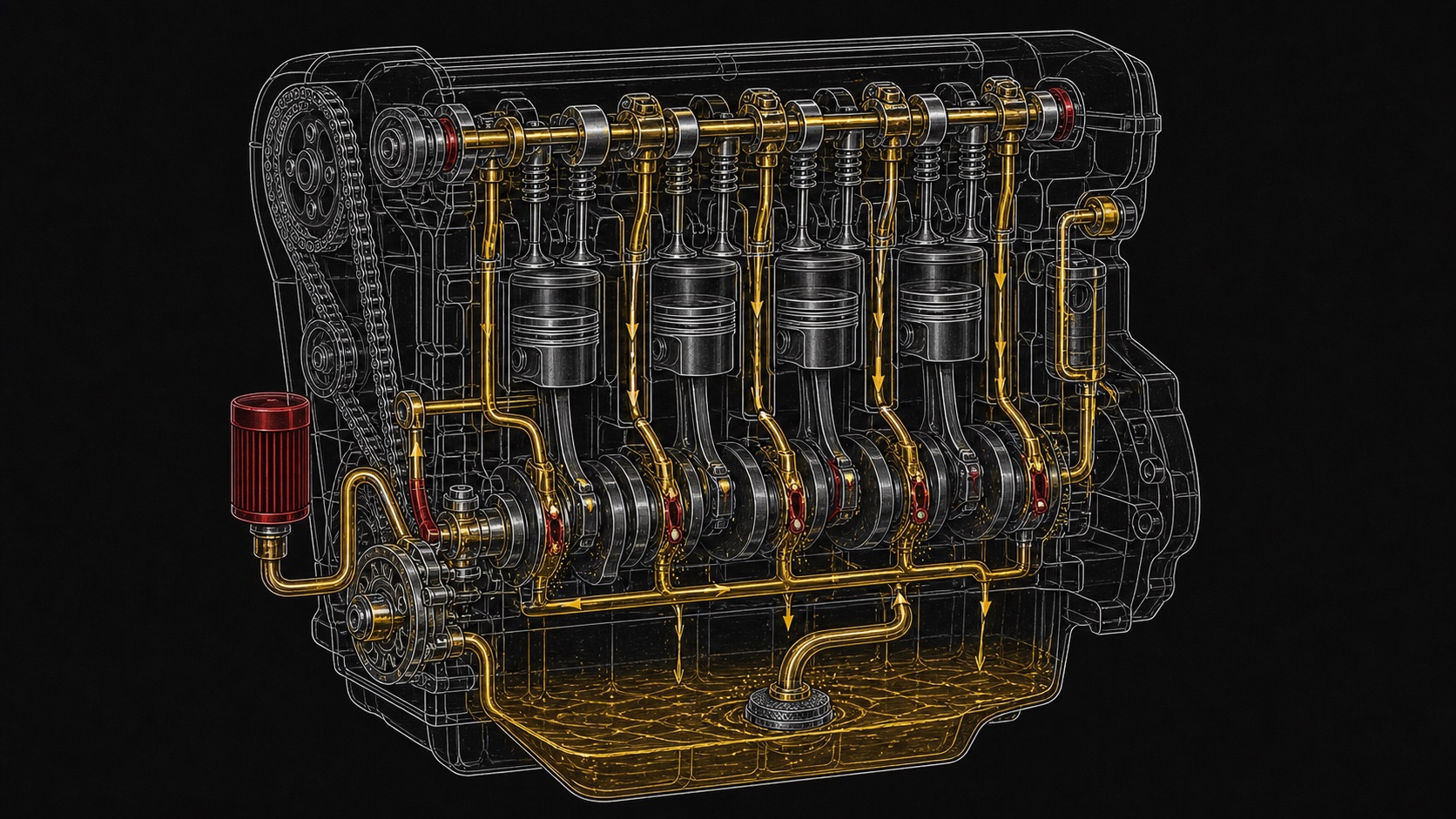 Custom technical illustration showing how oil change work relates to the vehicle system