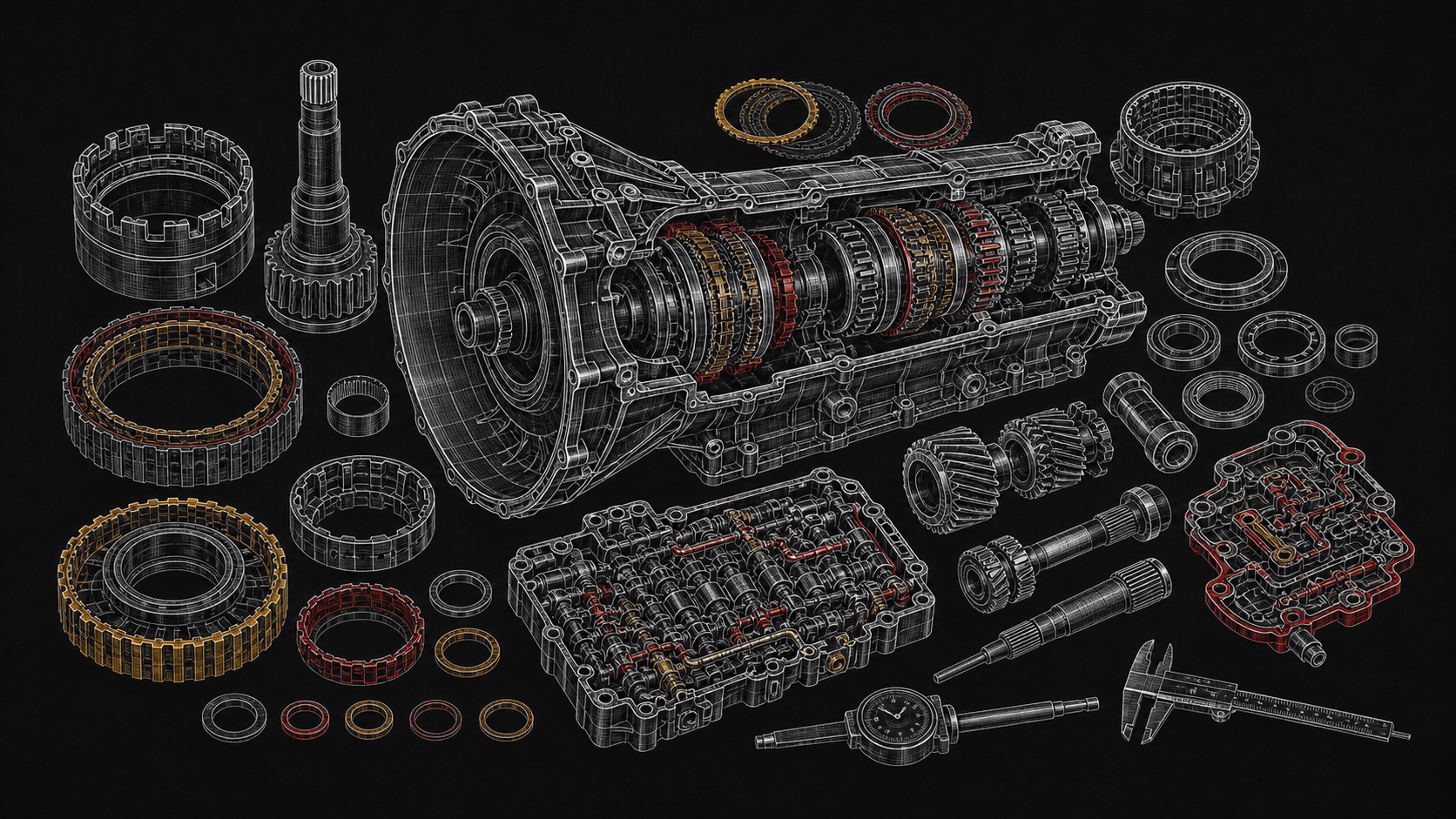 Custom technical illustration showing how rebuilt transmissions work relates to the vehicle system