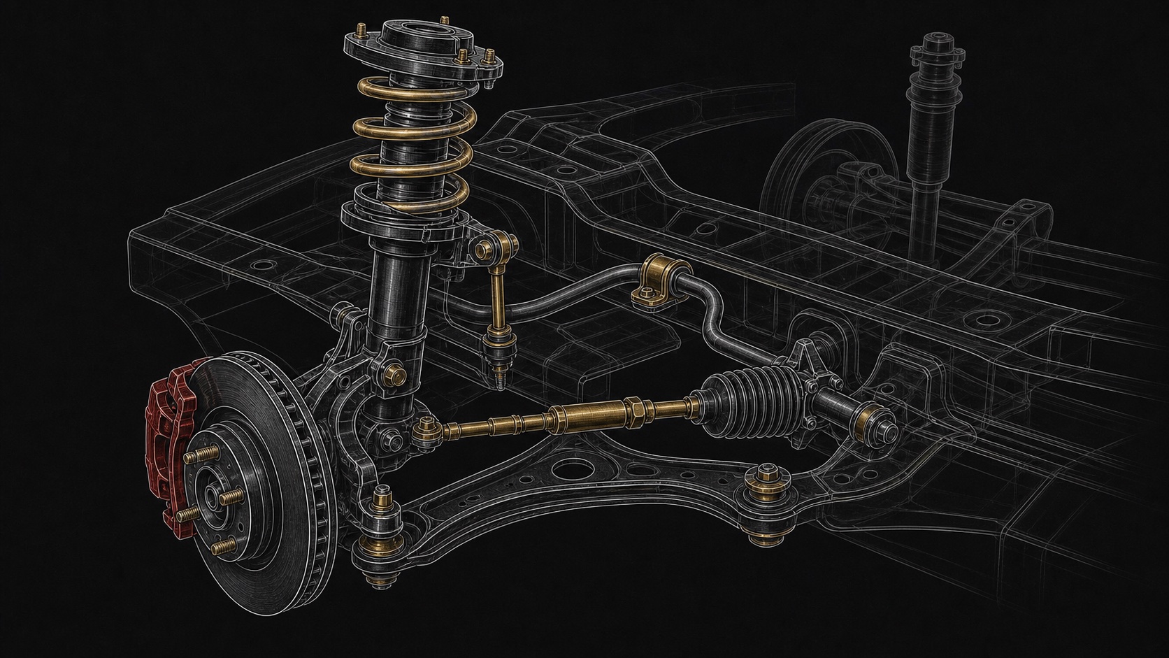 Custom technical illustration showing how suspension & shocks work relates to the vehicle system