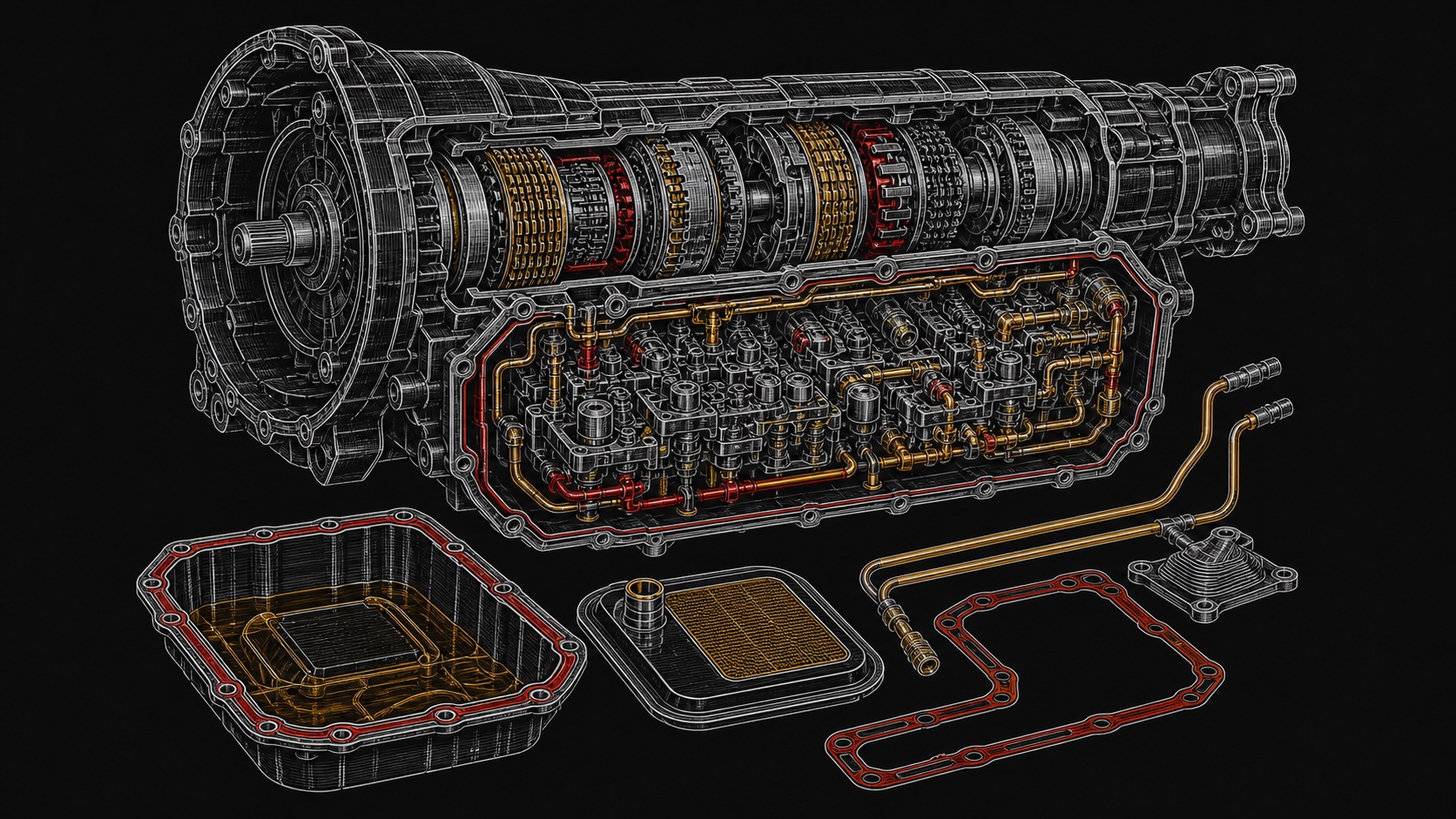 Custom technical illustration showing how transmission maintenance work relates to the vehicle system